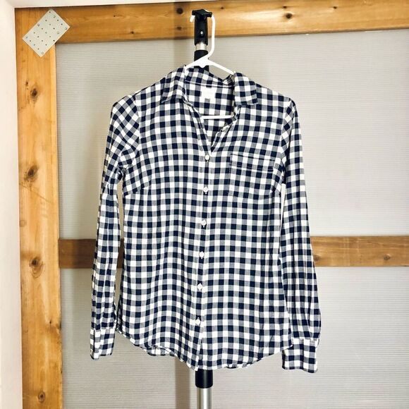 J CREW FACTORY Navy Blue White Gingham Button Down Shirt Sz XS - Picture 2 of 7